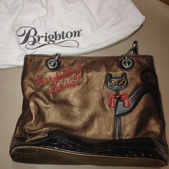 Brighton Signature Purr Fectly Fabulous Cat Embroidered Tote Bag  Leopard Lining - Picture 3 of 14